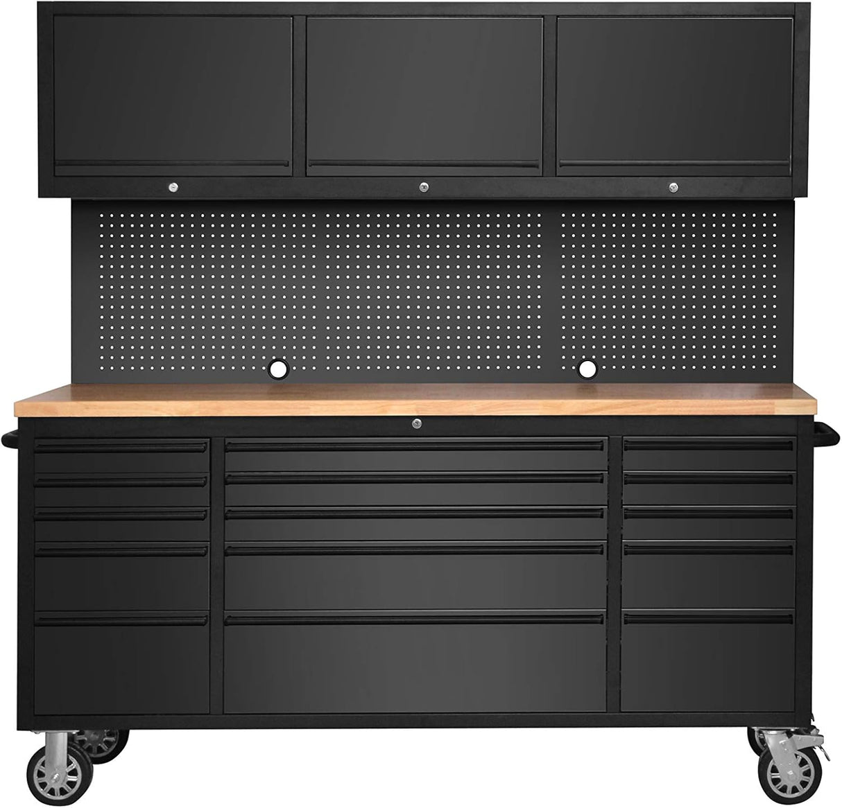 72" Black Steel 15 Drawer Tool Chest with Wooden Top, 3 Upper Cabinets & Peg Board