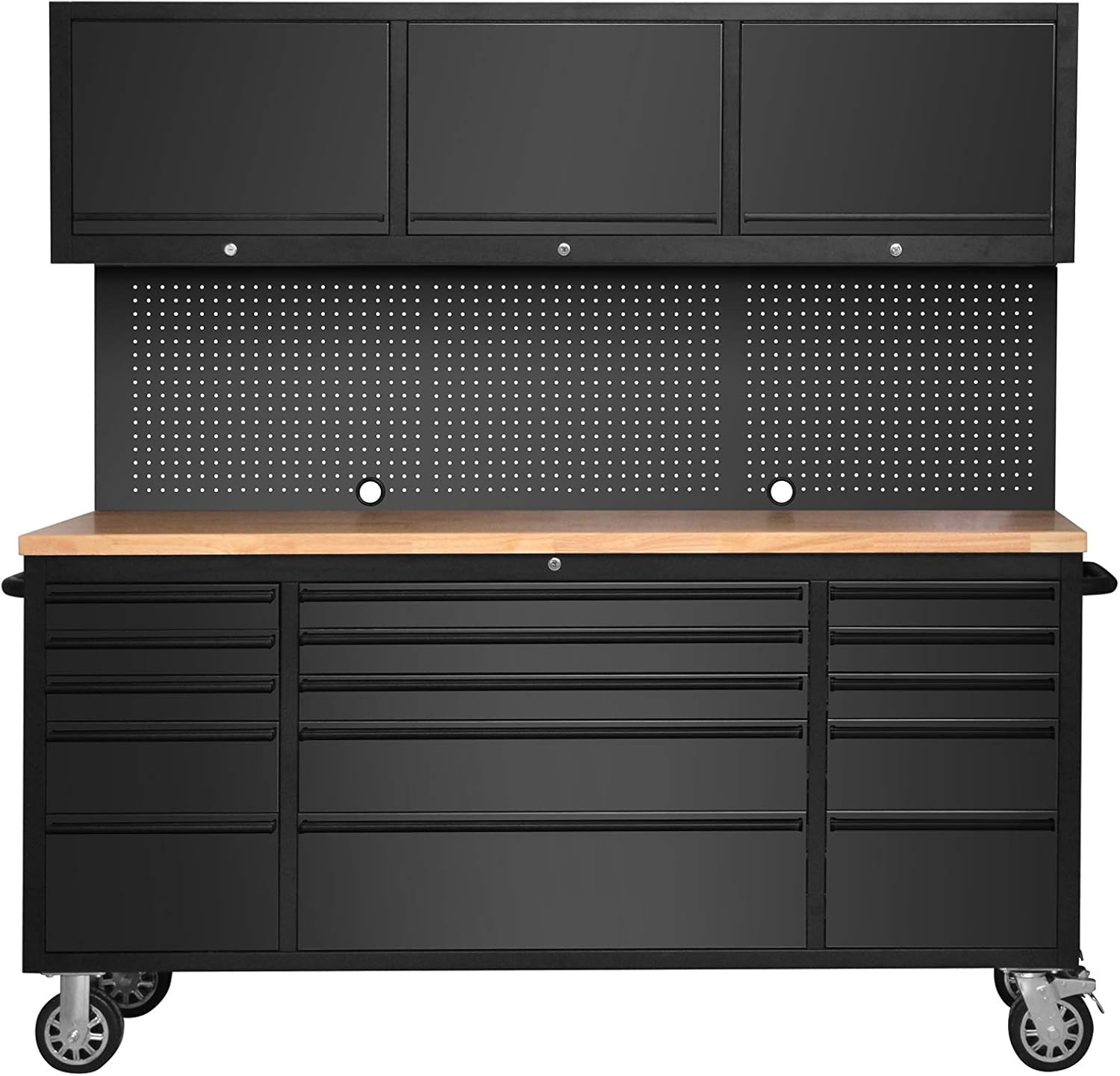 72" Black Steel 15 Drawer Tool Chest with Wooden Top, 3 Upper Cabinets & Peg Board