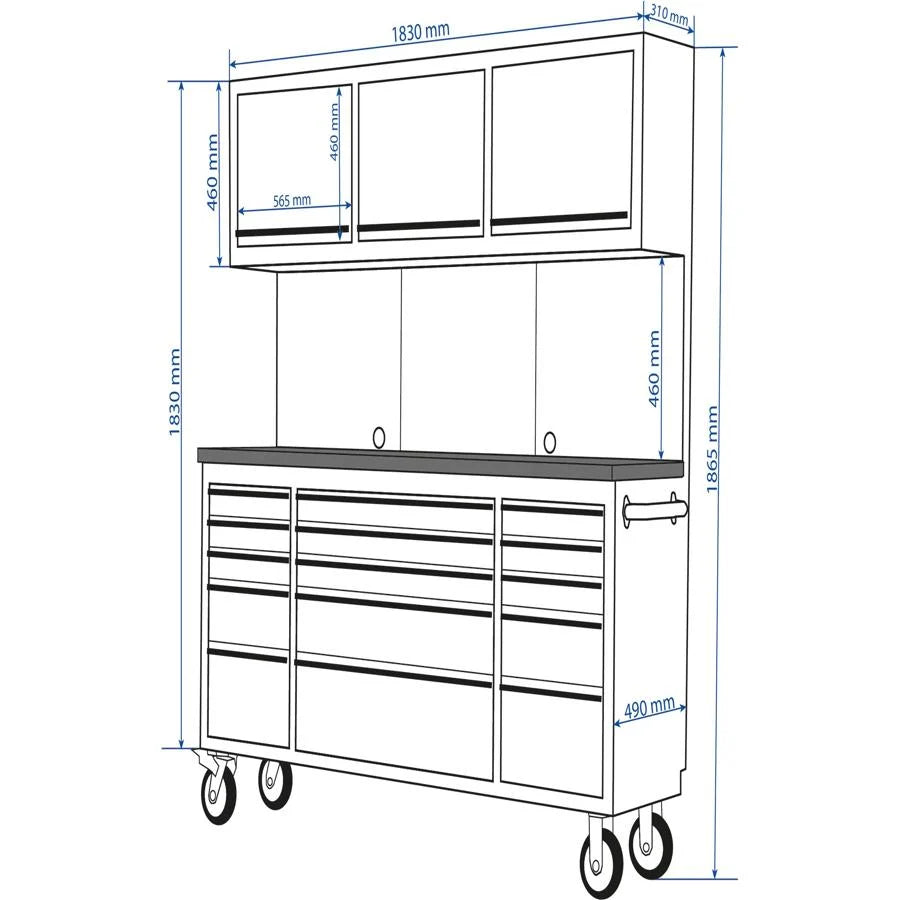 72" Stainless Steel 15 Drawer Tool Chest with Wooden Top, 3 Upper Cabinets & Peg Board