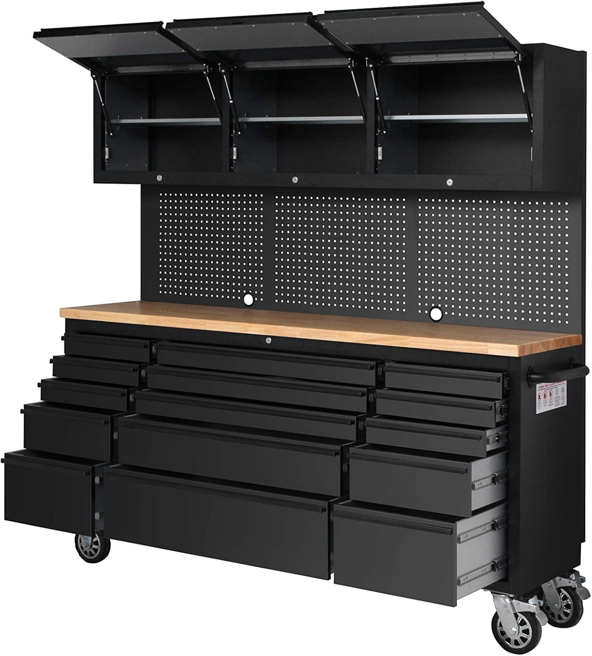 72" Black Steel 15 Drawer Tool Chest with Wooden Top, 3 Upper Cabinets & Peg Board