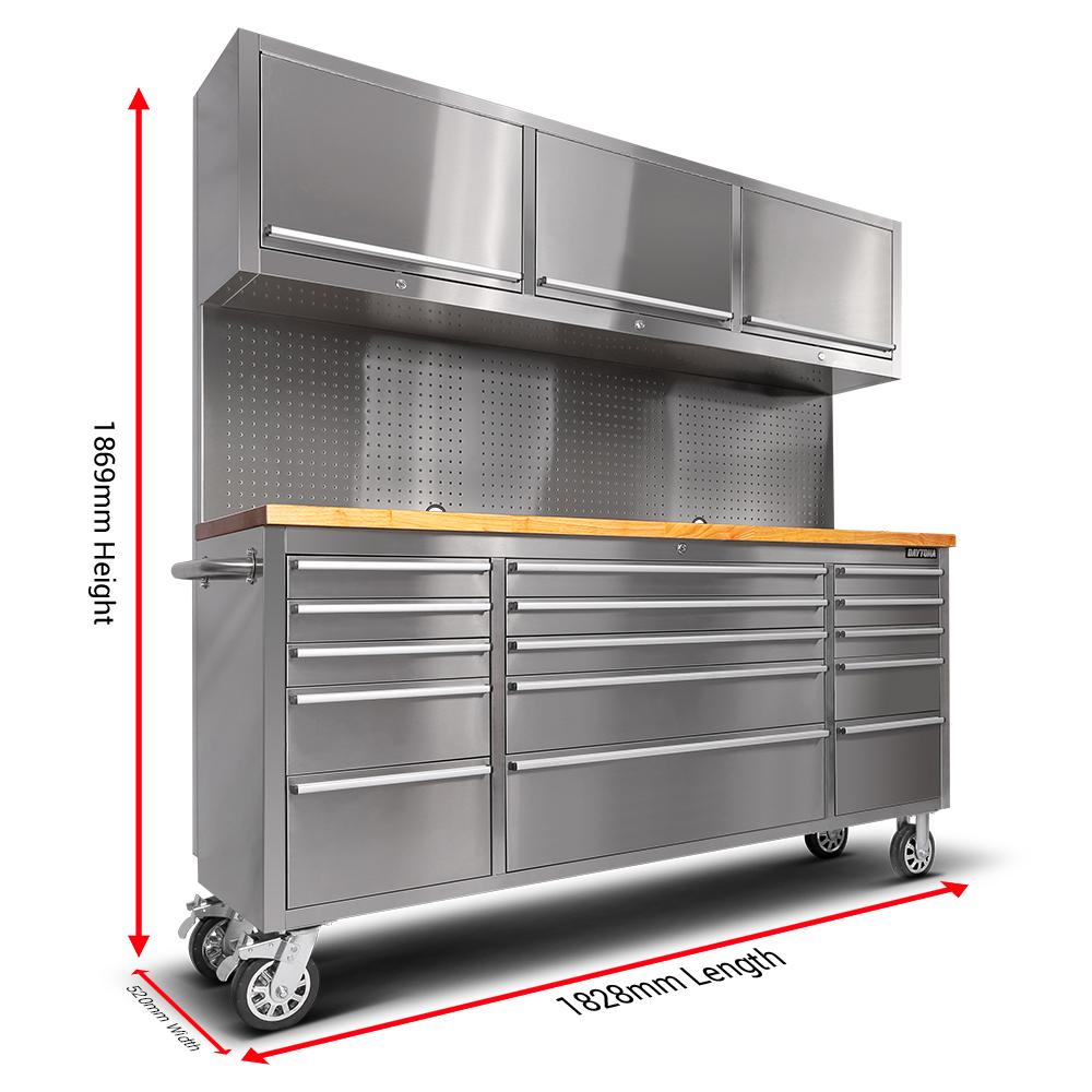 72" Stainless Steel 15 Drawer Tool Chest with Wooden Top, 3 Upper Cabinets & Peg Board
