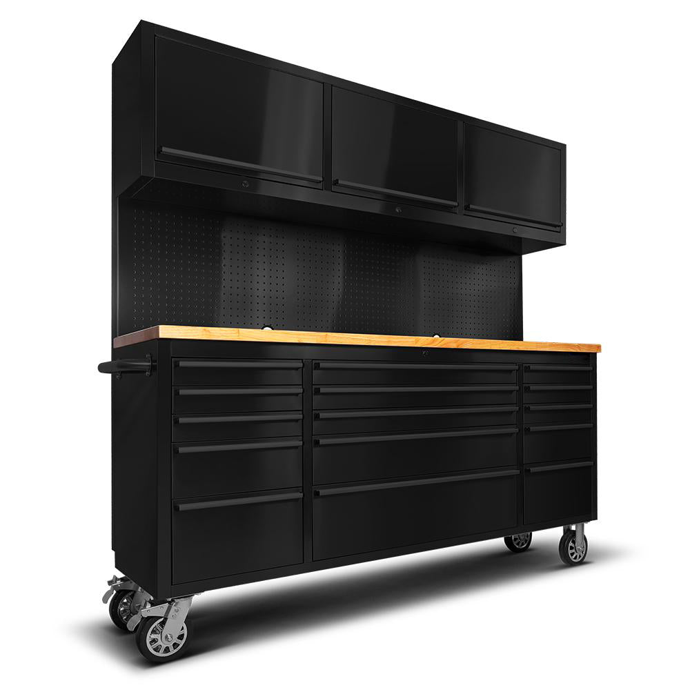 72" Black Steel 15 Drawer Tool Chest with Wooden Top, 3 Upper Cabinets & Peg Board