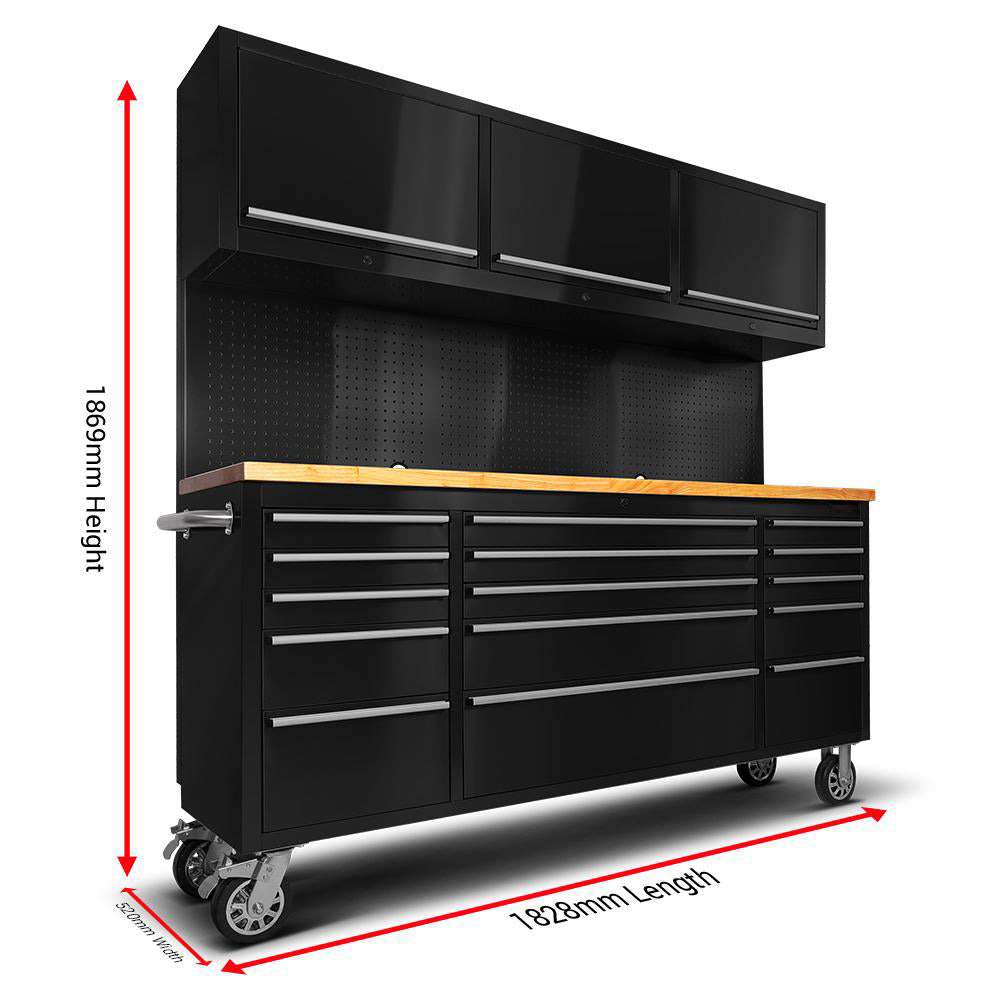 72" Black Steel 15 Drawer Tool Chest with Wooden Top, 3 Upper Cabinets & Peg Board