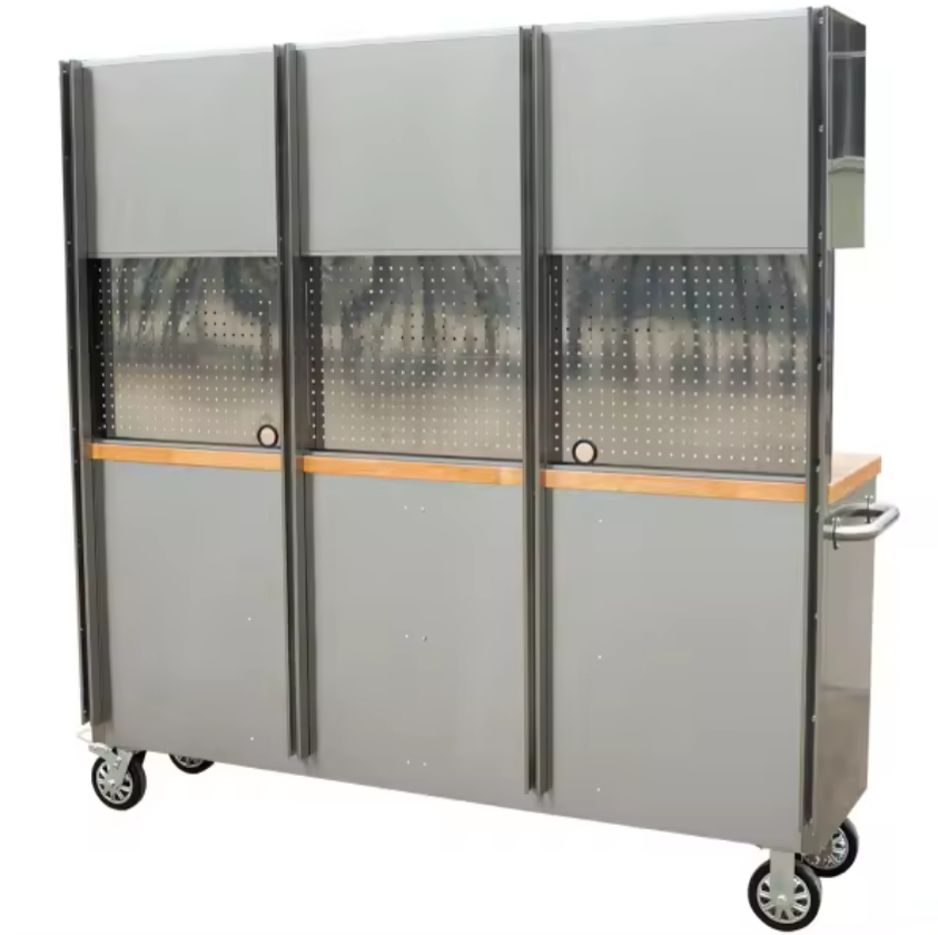 72" Stainless Steel 15 Drawer Tool Chest with Wooden Top, 3 Upper Cabinets & Peg Board