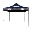 Black pop-up tent with red and blue logos on a white background