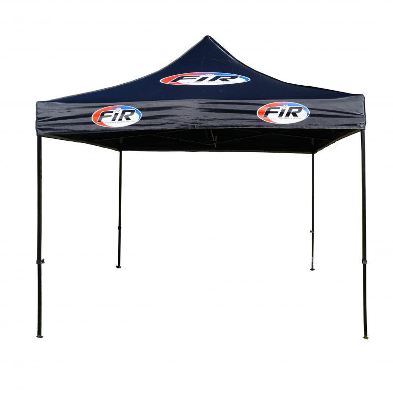 Black pop-up tent with red and blue logos on a white background