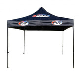 Black pop-up tent with red and blue logos on a white background