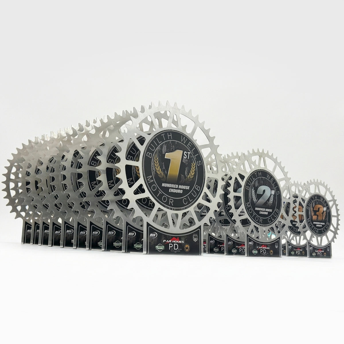 ALUMINUM SPROCKET SHAPE TROPHIES & AWARDS WITH CUSTOM PRINT MOTOCROSS ENDURO